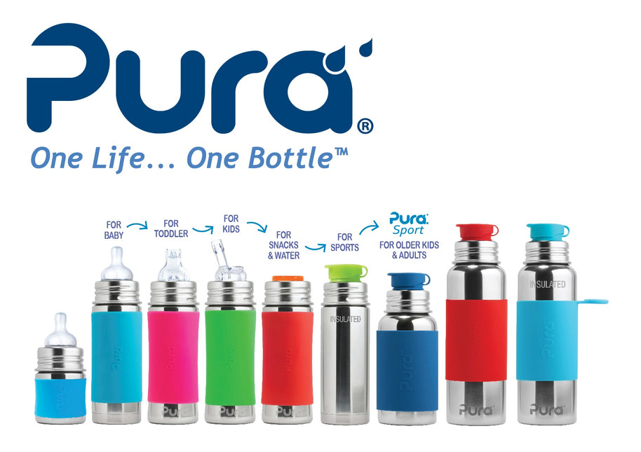 Pura speenfles RVS 325 ml + silicone speen medium flow + silicone reisdop + vos sleeve