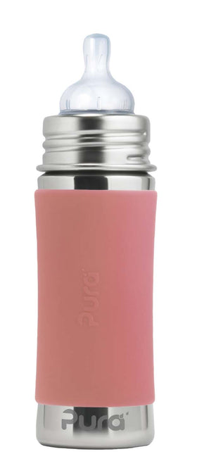 Pura speenfles RVS 325 ml + silicone speen medium flow + silicone reisdop + rose sleeve