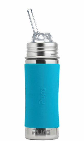 Pura rietjesfles RVS 325 ml + silicone rietje free flow + silicone reisdop + aqua sleeve