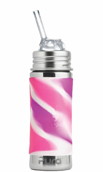 Pura rietjesfles RVS 325 ml + silicone rietje free flow + silicone reisdop + pink swirl sleeve