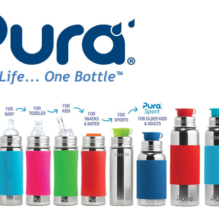 Pura rietjesfles RVS 325 ml + silicone rietje free flow + silicone reisdop + pink swirl sleeve