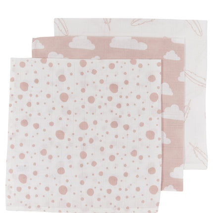 Meyco Monddoekje 3St Feathers-Clouds-Dots Roze/Wit