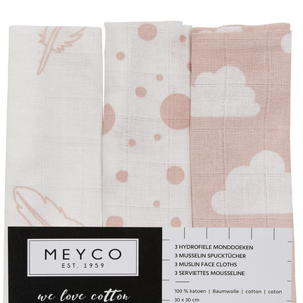 Meyco Monddoekje 3St Feathers-Clouds-Dots Roze/Wit