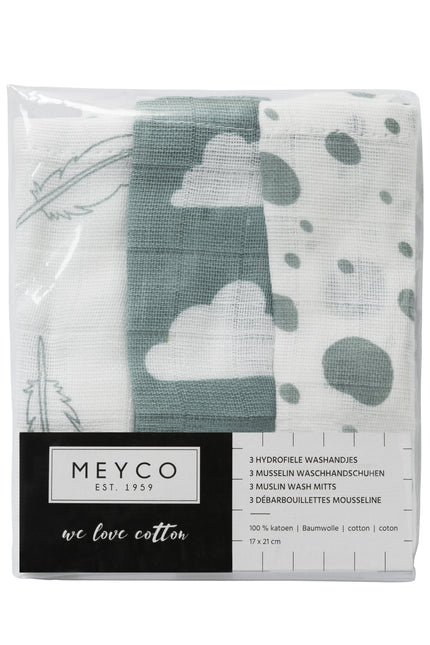 Meyco Washandje 3St Feathers-Clouds-Dots Stone Green/Wit